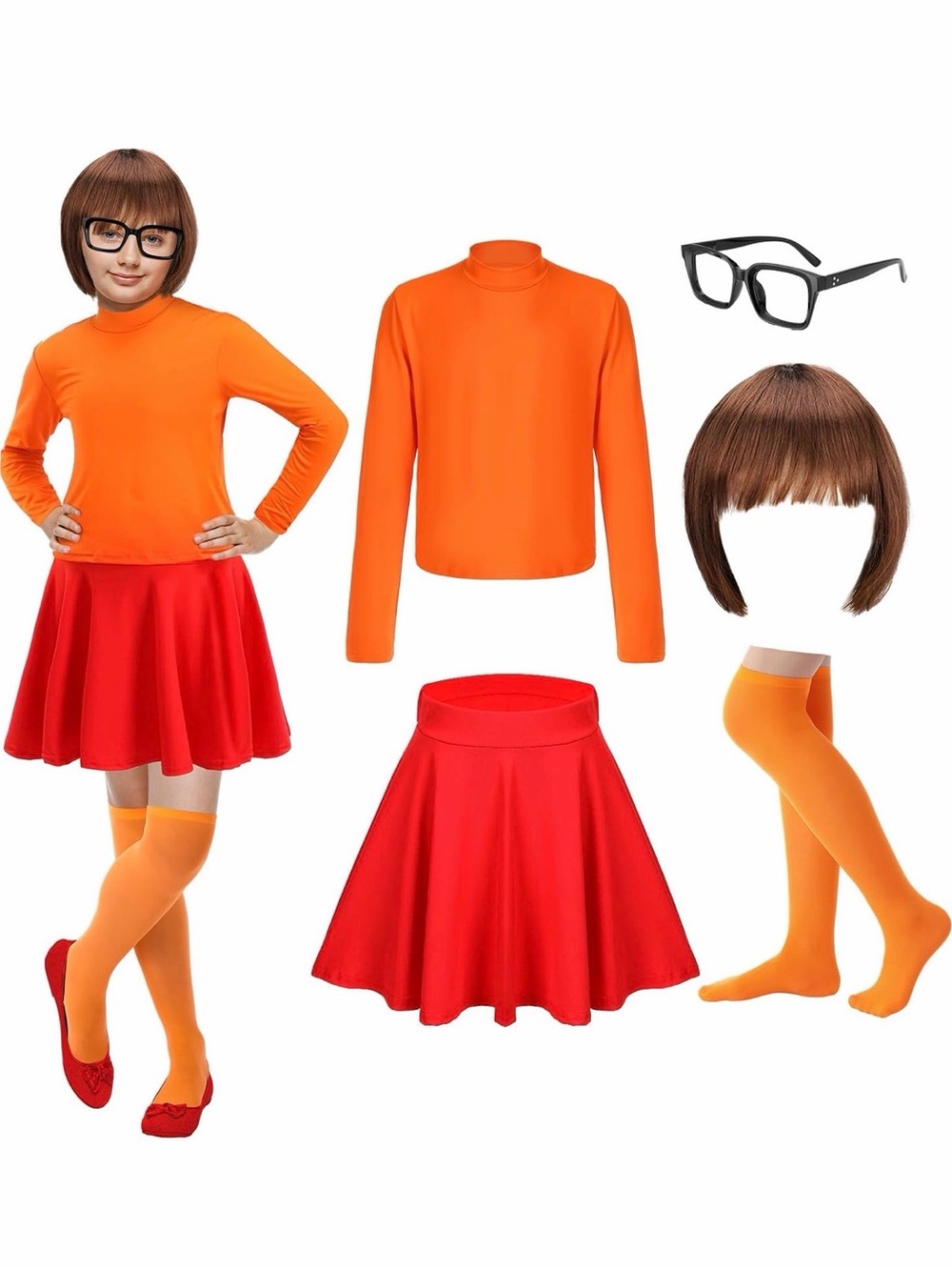 Scooby Doo - Kids Girls Halloween Velma Costume Set - Orange Top & Red Skirt,